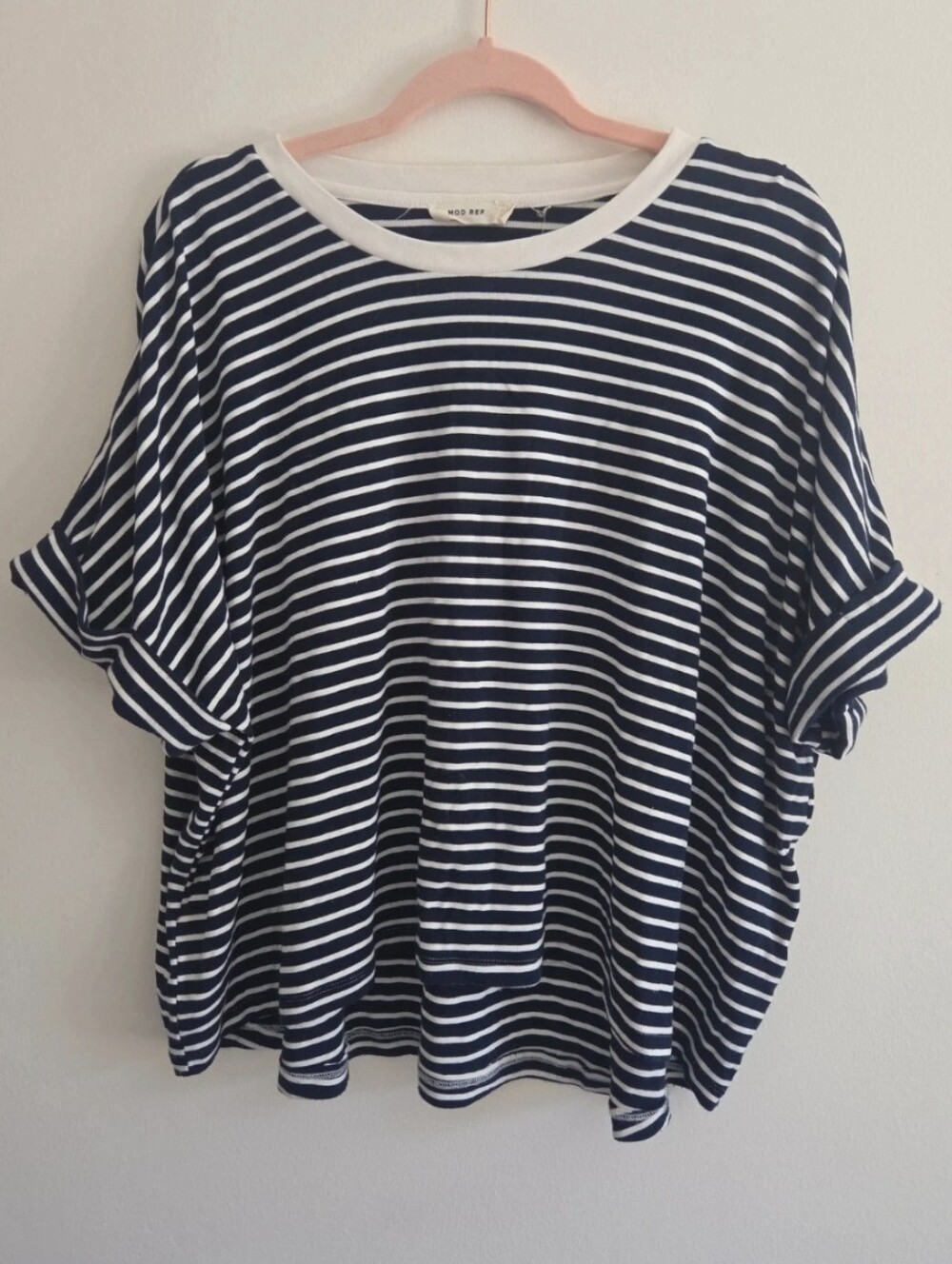 Mod Ref Jamey Navy White Grid Checked Boxy Dolman Tee Large